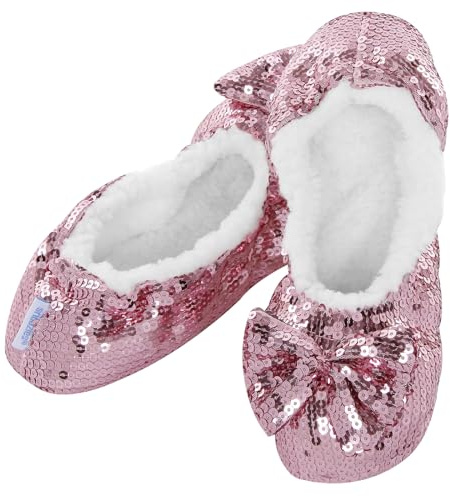 Snoozies Womens Bling Soft Soled Slippers with Gel Grip – Warm Sherpa Fleece Lining – UK 3-4 Pink Sequin Indoor Shoes