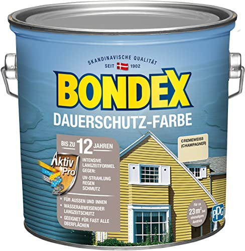 Bondex Dauerschutz Farbe Cremeweiß (Champagner) 2,5 L für 22,5 m² | Hervorragende Farbstabilität | Wetter- und UV-Schutz - bis zu 12 Jahre | Seidenglänzend | Dauerschutzfarbe | Holzfarbe