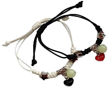 Bungsa Paar Armband Love und leuchtende Kugeln Schwarz/Weiß aus Nylon Unisex