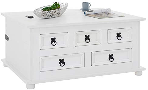 IDIMEX Truhentisch Tequila Couchtisch Truhe Wohnzimmertisch Beistelltisch Mexiko Landhausstil mit 5 Schubladen in weiß