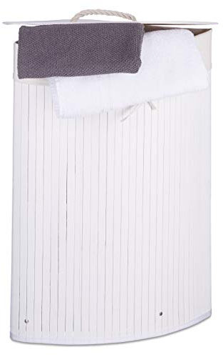 Relaxdays Cesto Ropa Sucia Esquinero, Cubo Colada Plegable con Tapa, Canasta, Bambú, 60 L, 65 x 49,5 x 37 cm, Blanco, 65 x 49.5 x 37 cm