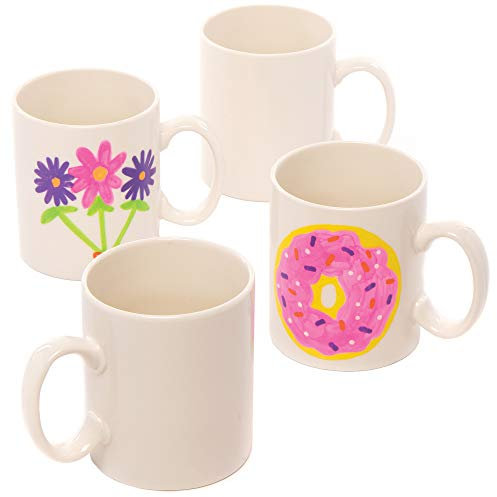 Baker Ross Design Your Own Mugs - Pack of 4, White Porcelain Mugs for Kids To Decorate, Arts and Crafts