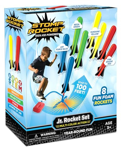Stomp Rocket Jr Multi-Color Rocket Launcher for Kids, 8 Rockets - Fun Outdoor Kids Gifts for Boys & Girls - STEM Toy Foam Blaster Set Soars Up to 100 Feet - Ages 3 & Up