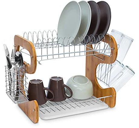 Relaxdays Escurreplatos, Escurridor Platos 2 Pisos, Bambú y Metal, Bandeja, Cesta Cubierto, 35x51x26,5cm, Marrón Natural, Hierro, 35 x 51 x 26,5 cm