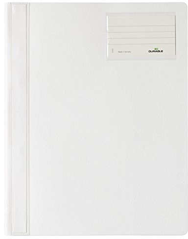 Durable Schnellhefter A4 Überbreite, Hartfolie, 25 Stück, weiß, 250002 | Für Prospekthüllen geeignet, mit Innentasche, Visitenkartenfenster & Einschubkanal für Hängeschienen