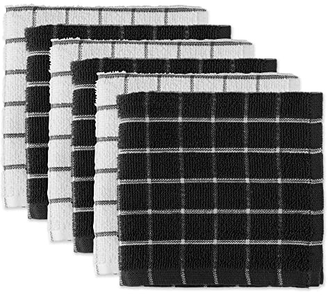 DII 100% Cotton, Machine Washable, Ultra Absorbant, Basic Everyday 12 x 12 Terry Kitchen Dish Cloths, Windowpane Design, Set of 6- Black