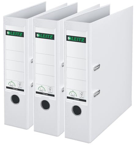 Leitz Qualitäts-Ordner 180° Plastik, 3er Pack, das Original, A4 Aktenordner 8 cm breit, 90% Recycling-Karton, 30% Pre-Consumer Recycling-Kunststoff, 180° Mechanik, 600 Blatt Kapazität, Weiß, 310335001