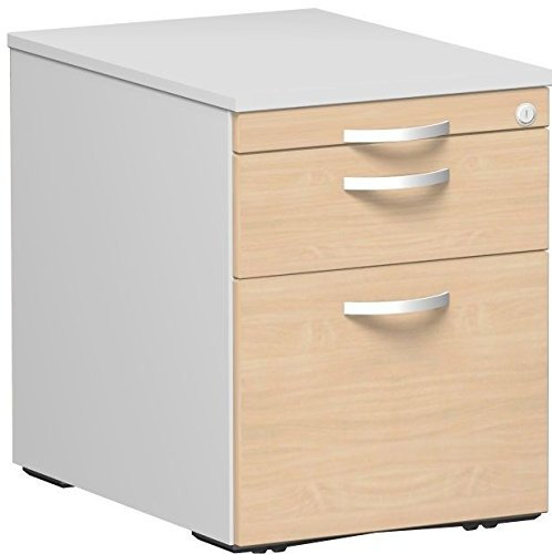 Geramöbel Rollcontainer Hängeregistratur und 1 Metall-Schubfach, mit Utensilienschubfach, Metall-Rollschubführung, Zentralverriegelung, verdeckte Doppel-Lenkrollen, 438x600x565, Ahorn/Lichtgrau