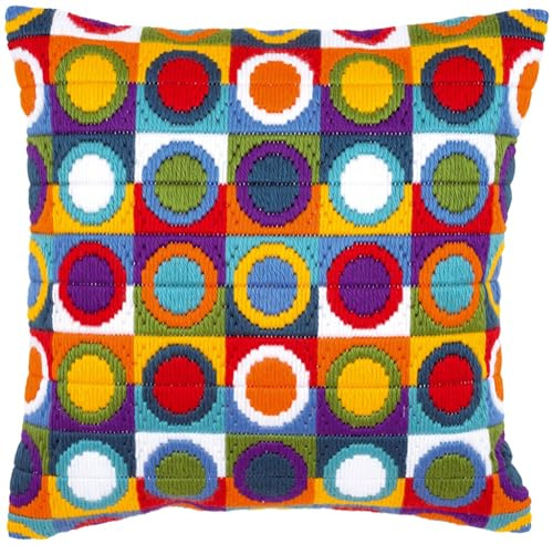 Vervaco Kit De Punto Largo DIY Cojin Decorativo Sofa CÍRCULOS Multicolores Creativo Regalo Bordado Kit Principiantes Manualidades Adultos Creativas ca. 40 x 40 cm Long Stitch Embroidery