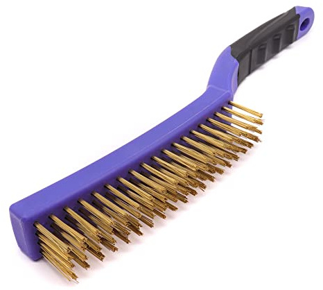 COTTAM 4 Row Wire Scratch Brush for Rust, Paint, Grill & Masonry Cleaning | Soft grip handle, hanging hole, curved head splays the fill, brass fill, non-sparking, efflorescence & brick-salt remover