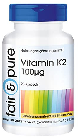 Fair & Pure Vitamin K2 100µg, 90 Kapseln, Menaquinon MK-7, Nahrungsergänzungsmittel vegan ohne Magnesiumstearat, in Deutschland hergestellt