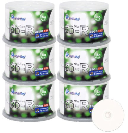 Smartbuy 300-disc 25gb 6X Bd-r BDR Blu-ray Single Layer White Inkjet Hub Printable Blank Data Recordable Media Disc with Cakebox/Spindle Packing