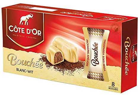 Cote d'Or - Bouchees blancos - 24 g x 8 piezas - Chocolate con leche belga - Barritas de chocolate con nueces - snack perfecto - Barra de chocolate envuelta individualmente - Importado de Bélgica