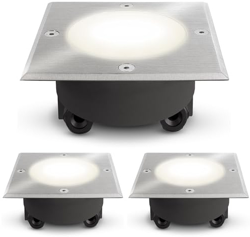 SSC-LUXon 3 Stück flacher LED Bodeneinbaustrahler VIROK - inkl. GX53 5W LED neutralweiß 230V - Bodenspot mit Echt-Glas matt befahrbar