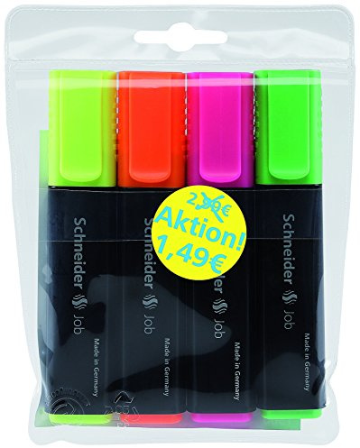 Schneider Schreibgeräte Textmarker Job, nachfüllbar, sortiert, 4er Etui (gelb, orange, rosa, grün)