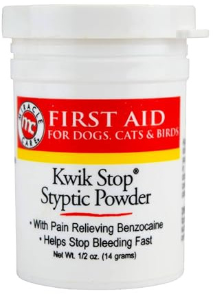 Miracle Care Kwik Stop Styptic Powder for Dogs, Cats and Birds, 0.5 Ounce, Fast Acting Blood Stop Powder with Pain Relieving Benzocaine