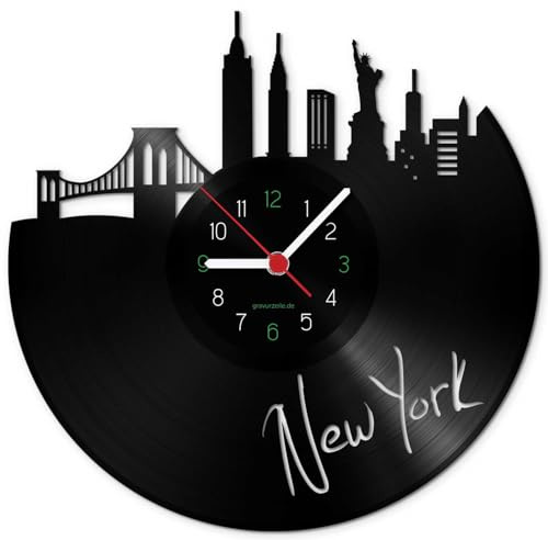 GRAVURZEILE Schallplattenuhr - Skyline New York - Wanduhr aus gegossenem Vinyl mit Stadt Skyline 30 cm - Upcycling Design-Uhr Wand-Deko Vintage Wand-Dekoration Retro-Uhr - Made in Germany