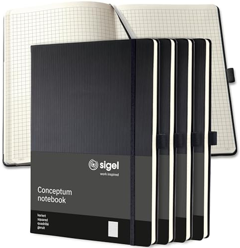 Sigel Conceptum Premium Notizbuch A4 kariert schwarz 5er Pack Hardcover | CO111/5, Nummerierte Seiten mit Inhaltsverzeichnis, Stiftschlaufe, Falttasche und Gummibandverschluss