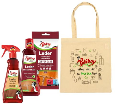 Poliboy - 4-teiliges Leder Reiniger Set - 1x Leder Reiniger (375 ml), 1x Leder Intensiv Pflege (200 ml) und 1x Leder Pflege Feuchttücher (20 Stück) mit Tasche - Made in Germany