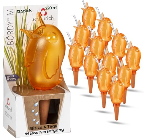 Scheurich Wasserspender Bördy M | 12 x Orange | 220ml Füllmenge | Bewässerungskugel klein mit Ton Fuß | Wasserspender Pflanzen und Blumen Terrakotta Stiel