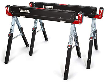 Steelman Adjustable Height Work Table Folding Sawhorses, Set of Two, Durable Steel Construction, Folding Legs, 2x4 Table Support Arms, 2,600 lb. Combined Loading Capacity