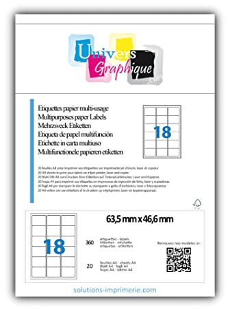 360 étiquettes 63.5 x 46.6 mm Etiquette pour adresse blanches adhésives personnalisables 360 etiquettes 63,5 x 46,6 mm soit 20 feuilles de 18 étiquettes autocollantes pour imprimante jet d'encre
