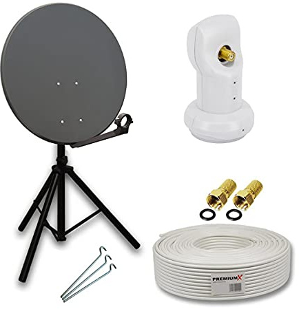 PremiumX Camping Satelliten-Komplettanlage 80cm Satellitenschüssel SAT Single LNB 10m Kabel F-Stecker Dreibein-Stativ