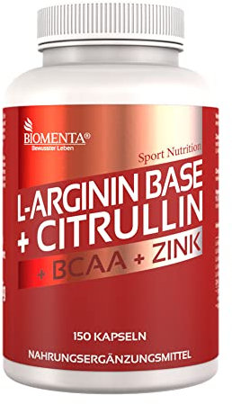 BIOMENTA L Arginin + Citrullin – 150 Amino Kapseln hochdosiert - Synergetischer Wirkstoffkomplex: L-Arginine Base, L-Citrulline Malat, BCAAs und Zink – Premiumqualität
