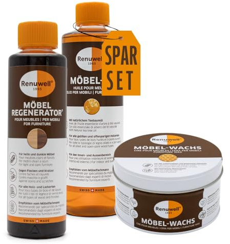 Renuwell Möbel-Regenerator (500ml), Möbel-Öl Leinöl-Firnis (500 ml) & Möbel-Wachs natura-farblos (500 ml) – Pflegeset für Holz, Möbel und Oberflächen, Schweizer Qualität