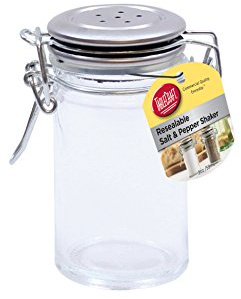 TableCraft H2S&P Resealable Cash and Carry Salt/Pepper Shaker, 2 Oz., Stainless Steel Clip Top, Sealable, Glass, Transparent, 1 Each