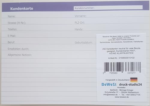 250 Karteikarten neutral für viele Berufe geeignet, Kundenkarten KK01, KEINE KLAPPKARTEN