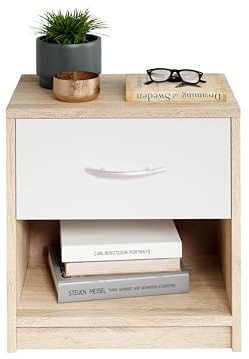 Stella Trading PEPE Table De Chevet, Aspect Chêne Sonoma, Blanc, Table De Nuit Sobre Avec 1 Tiroir, Convient Pour Tout Lit Et Toute Chambre, 39 x 41 x 28 cm (L/H/P)