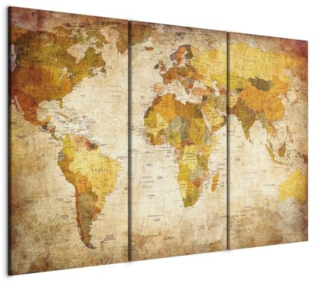 B&D XXL - Quadro Mappamondo 120x80 cm 3 Pezzi Stampa su Tela - Quadri Componibili Moderni Grandi Soggiorno - Pannelli Decorativi per Pareti Decorazioni da Parete Mappa del Mondo Marrone 020213-2