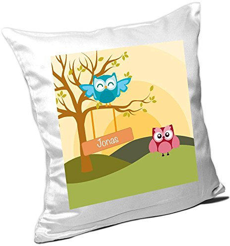 Eurofoto Kissen mit Namen Jonas und schönem Motiv mit Eulen-Landschaft für Jungs - Namenskissen personalisiert - Kuschelkissen - Schmusekissen
