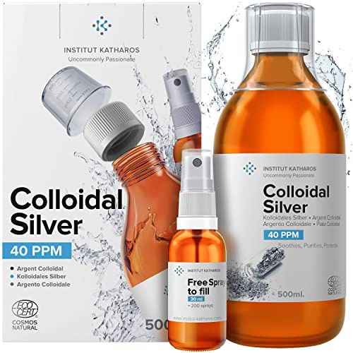 Kolloidales Silber 100% Natürlich 500 ml | 40 PPM | Mit auffüllbarem 30ml-Spray | Ebook enthalten | Cosmos Natural zertifiziert | Institut Katharos
