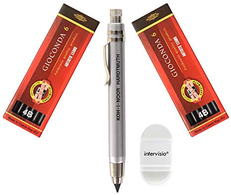 Koh-I-Noor 5359 Mechanischer Fallminenstift 5,6 mm - Metallminenhalter mit Graphitminen Set 4865 4B und intervisio Bleistiftspitzer mit Radiergummi - für Schule, Schriftsteller, Künstler