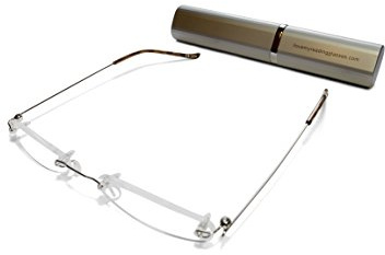 Gafas de lectura unisex sin marco +4.0 Ultra delgadas y ultra ligeras. Incluyen una funda de aluminio a juego_ Por ilovemyreadingglasses. (Plata)
