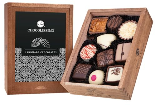 CHOCOLISSIMO - Schokolade Geschenk - Pralinen Geschenk - ohne Alkohol - 10 Luxus Pralinen in edler Holzbox - Holzkästchen - Schokolade Alkoholfrei - Geschenkidee Valentinstag, Geburtstag - Elegance