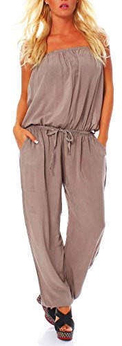 malito - Damen Jumpsuit - langer Einteiler - Overall Carmen Ausschnitt - Hosenanzug Uni - Romper Leo-Print 4538 - (Fango)