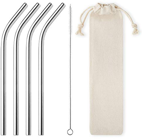 4 Pack 6mm Wide Curved Metal Straws Stainless Steel Metal Drinking Straws Cleaning Brush and Carry Pouch/Case Reusable Straw with Case Cocktail Accessories Smoothie Straws Milkshake Straw