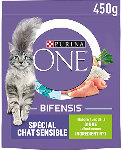 PURINA ONE | BIFENSIS | Croquettes Spécial Chat Adulte à la Digestion Sensible et l'appétit délicat | Aide à Maintenir Un système immunitaire Fort | Croquettes | A la Dinde | Sac | Lot de 10 x 450g