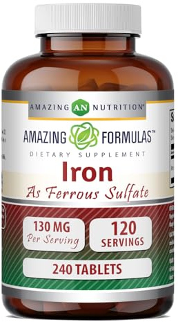 Amazing Formulas Iron as Ferrous Sulfate Supplement | 130 Mg per Serving | 240 Tablets | Non-GMO | Gluten-Free | Made in USA