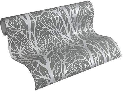 A.S. Création Vliestapete 10,05 m x 0,53 m mit modernem Waldmotiv - Silber, Grau - Mustertapete im Metallic-Look Made in Germany - 300943