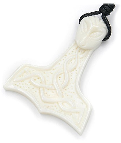 Drachensilber Thors Hammer Kette Anhänger Knochen - Nordischer Wikinger Kettenanhänger inkl. längenverstellbaren Textilband Wikinger Schmuck Schutz Stärke Tatkraft Damen Herren Halskette