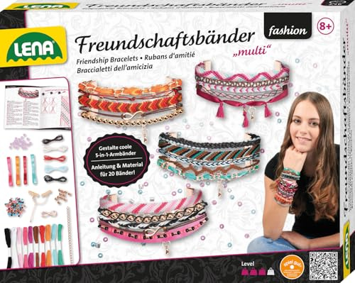 LENA - 42117 Grand jeu de bracelets de l'amitié à fabriquer, 240 perles, rubans de satin, fils, cordons, chaînes et fermetures, à partir de 8 ans, jeu de tressage pour 4 bracelets 5 en1