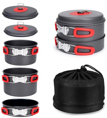ALocs Camping-Kochgeschirr-Set, leichte Aluminiumtöpfe und -pfannen mit antihaftbeschichteter Bratpfanne, kompaktes, stapelbares Camping-Kochset zum Wandern, Trekking und Kochen im Freien