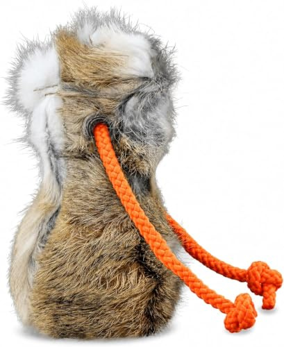 Romneys Dummy Hundetraining, Dummyball aus echtem Kaninchenfell mit neonoranger Wurfschnur, Apportierdummy Wurfball für Hunde mit Seil, Ø 8 cm, 150 g, robuste Metallöse, Outdoor