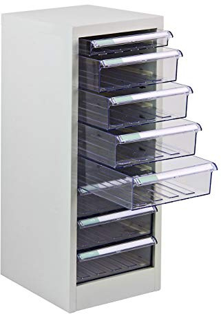 ADB Metall Schubladencontainer - 8 Schubladen aus PVC, herausnehmbar, mit Sicherheits-Anschlag, pulverbeschichtet RAL 7035, 745x280x350 mm, für Büro und Werkstatt | 745x280x350 mm, Sicherheits-Anschlag, pulverbeschichtet RAL 7035, für Büro & Werkstatt, acht PVC-Schubladen