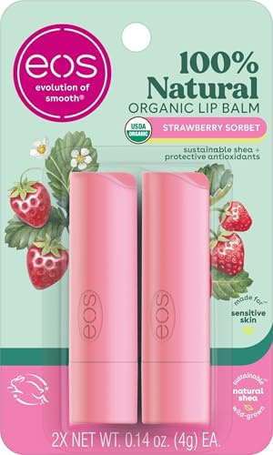 eos 100% Natural & Organic Lip Balm Sticks - Strawberry Sorbet, All-Day Moisture for Sensitive Skin, Dermatologist Recommended, 0.14 oz, 2-Pack