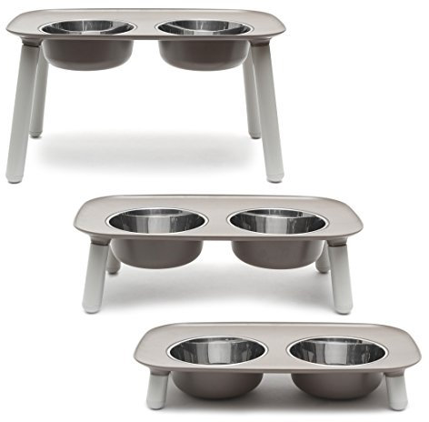 Messy Mutts Elevated Double Feeder with Stainless Bowls | Adjustable Height 3”, 5”, or 10” | Adjustable Standing Feeder for Dogs | 5 Cups per Bowl | Dark Grey